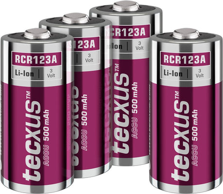Tecxus RCR123 Akku - 500 mAh, 4 Stk. im Karton - Lithium-Ionen-Akku (Li-Ion), 3,2 V