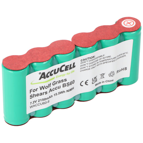 AccuCell Akku passend für Wolf Rasenschere Accu 60, ACCU60, 6 VSE 4/5A7,2 Volt 2150mAh