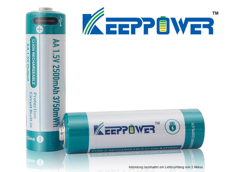 Keeppower AA 1,5V 2500mAh (3750mWh) Lithium-Ionen-Akku (Wiederaufladbar über USB-C)