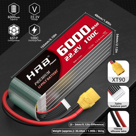 HRB 6S 6000mAh 22,2V XT90 100C LiPo Akku (2 Stück)