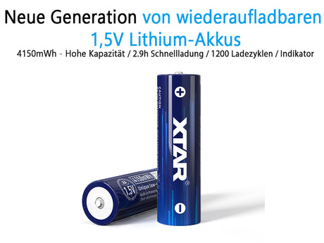 XTAR 1,5 V AA Li-Ion Akku – 4er-Set Mignon LR6 2500 mAh / 4150 mWh mit Kapazitätsindikator