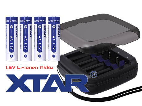 Xtar BC4 – Ladegerät + 4x AA (Mignon) LR6 1,5V Li-Ion Akkus