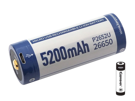 Keeppower 26650 - 5200mAh, Li-Ionen 3,7V - 3,6V - PCB geschützt mit USB Lademöglichkeit P2652U